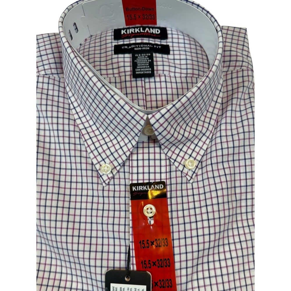 Kirkland Signature Mens Dress Shirt 15.5 32/33 Traditional Fit Non-Iron Cotton
